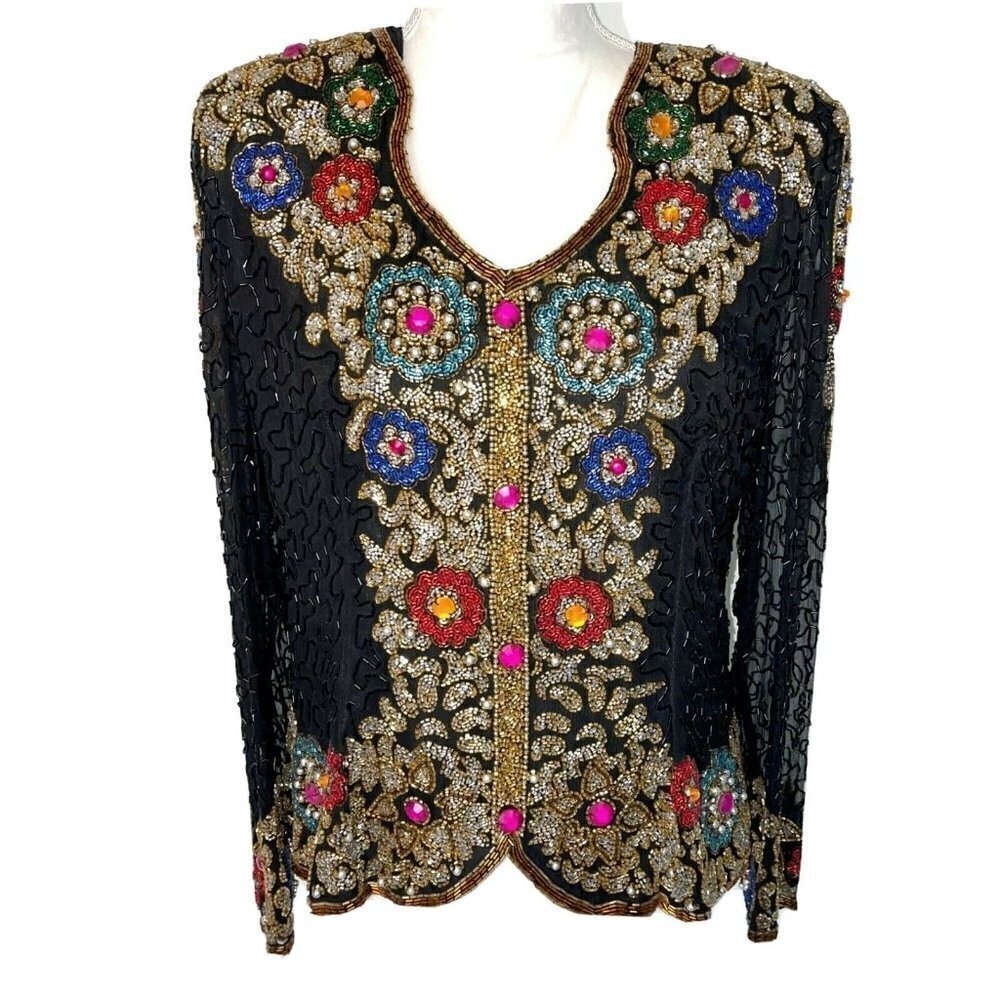 Joan Leslie Evenings Top Large L Womens Vintage Silk Beaded Lined Back Zip Black